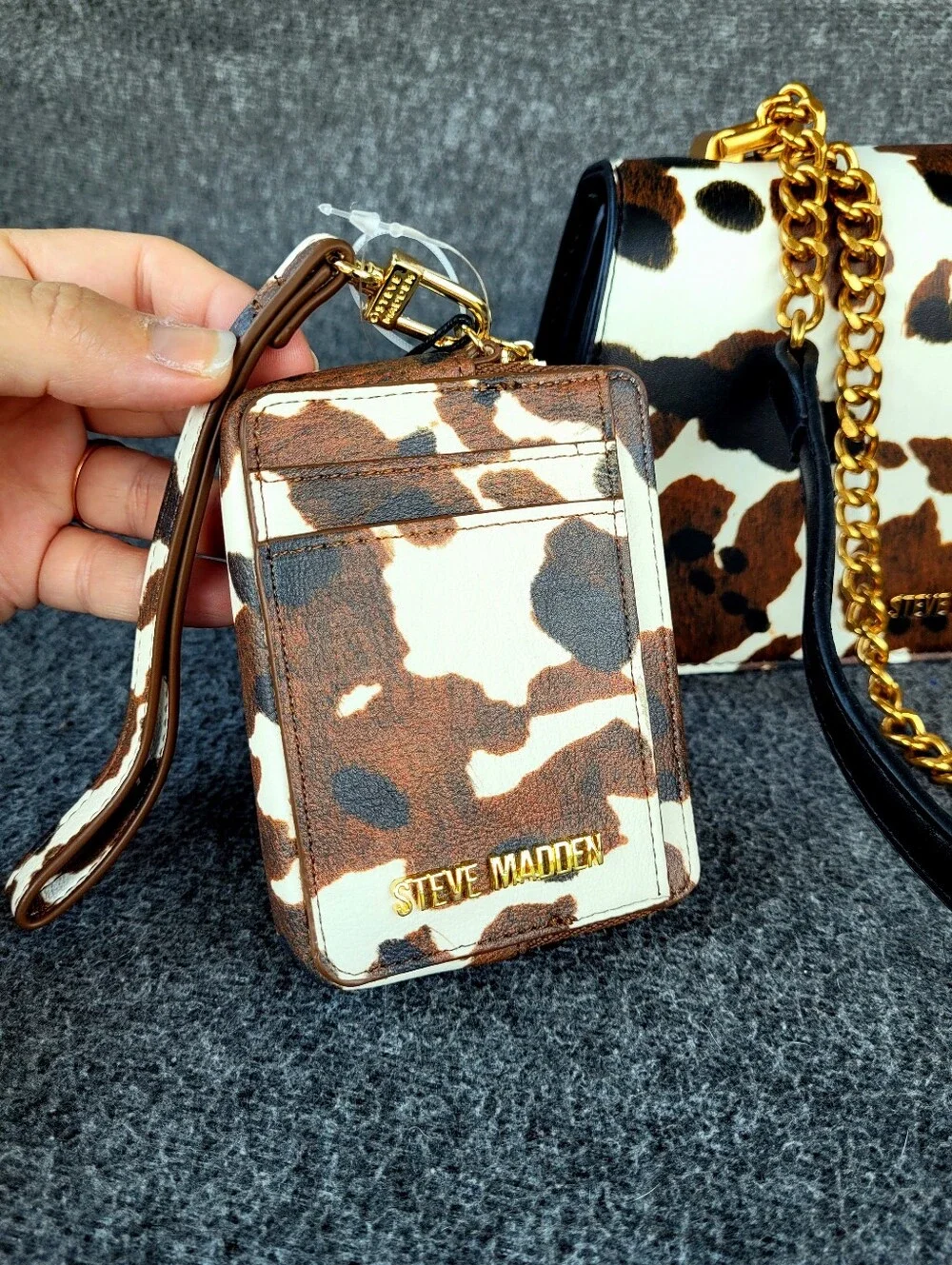 Steve Madden Cow Print Matching Shoulder Crossbody Handbag and Card Wallet Set